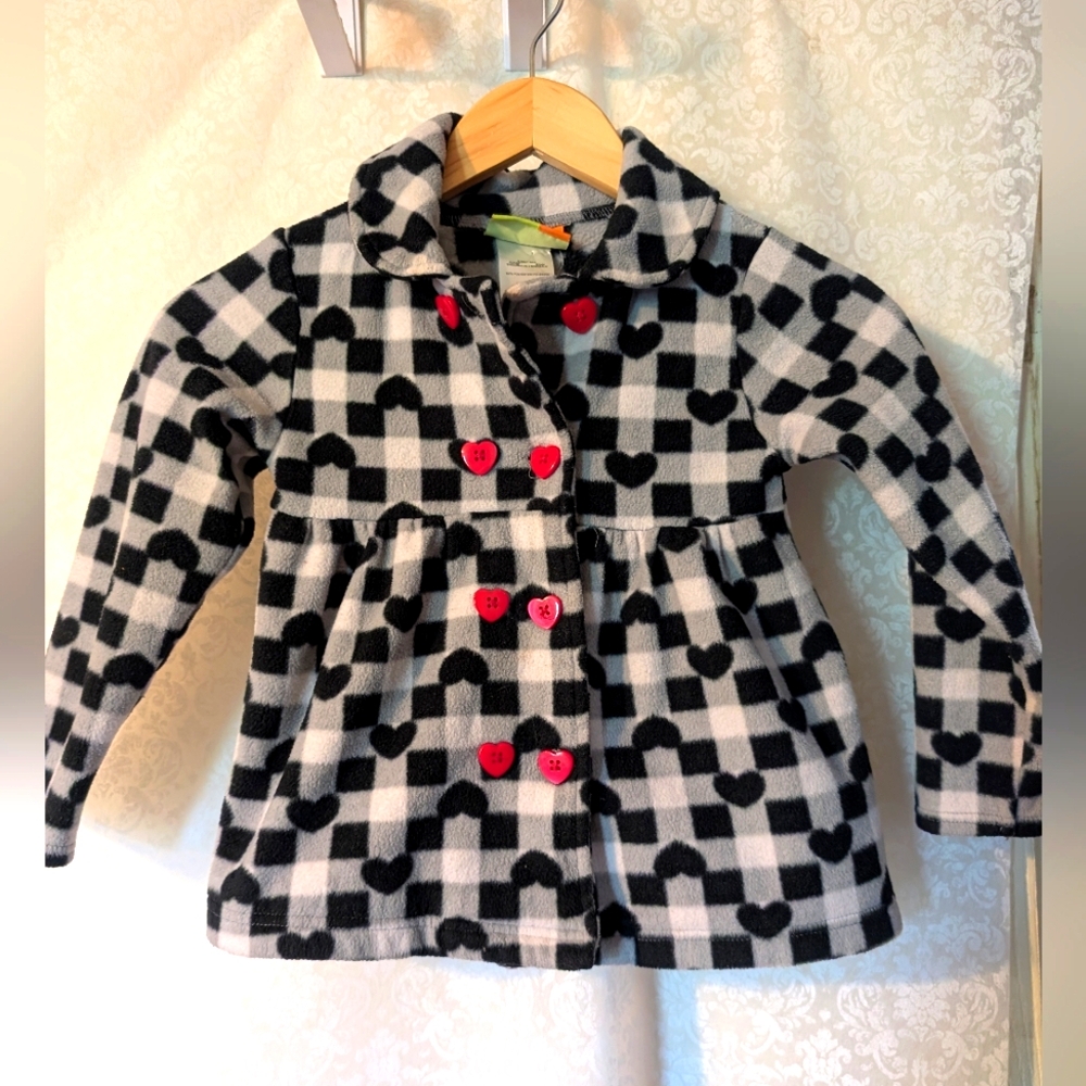 Penelope Mack Black and White Checkered Coat with Red Heart Buttons Sz.6 Fleece‎